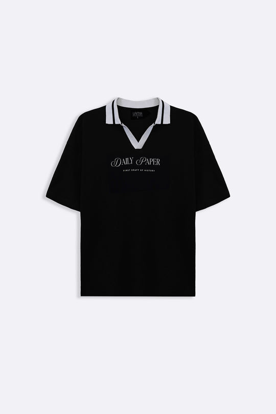 BLACK PRINTED POLO TEE