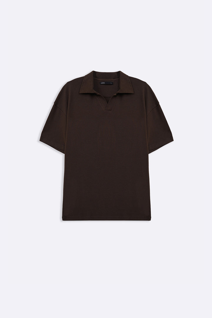 BROWN OPEN COLLAR RESORT POLO