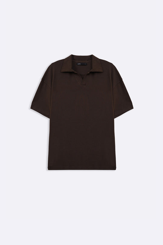 BROWN OPEN COLLAR RESORT POLO