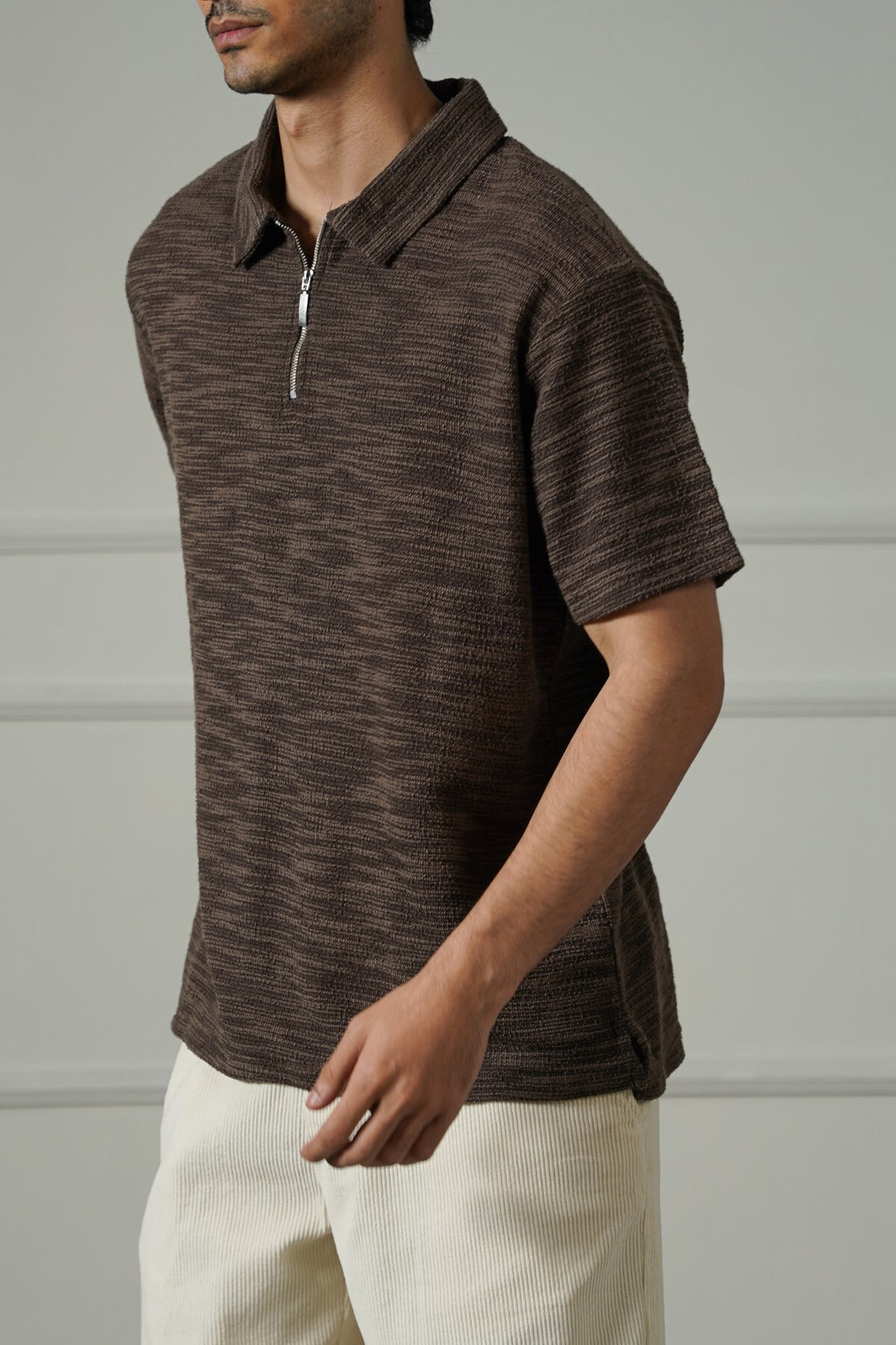 DARK BROWN TEXTURED ZIPPER POLO