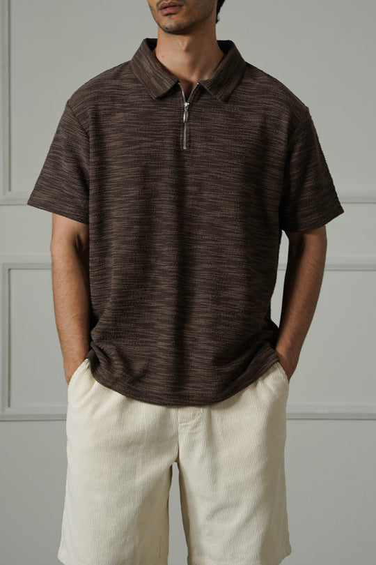 DARK BROWN TEXTURED ZIPPER POLO