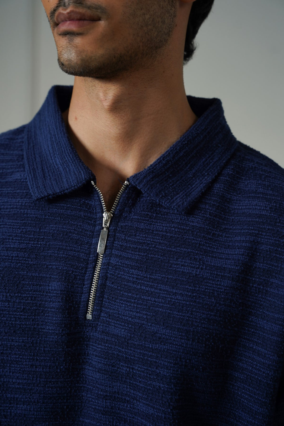 NAVY TEXTURED ZIPPER POLO