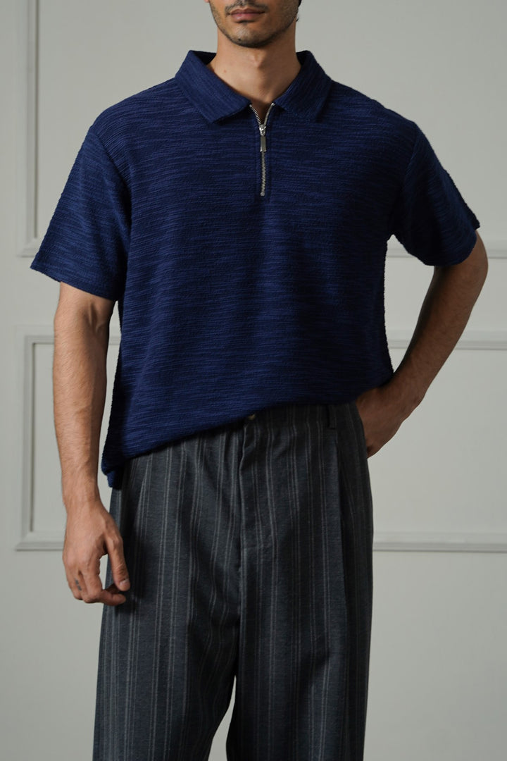 NAVY TEXTURED ZIPPER POLO