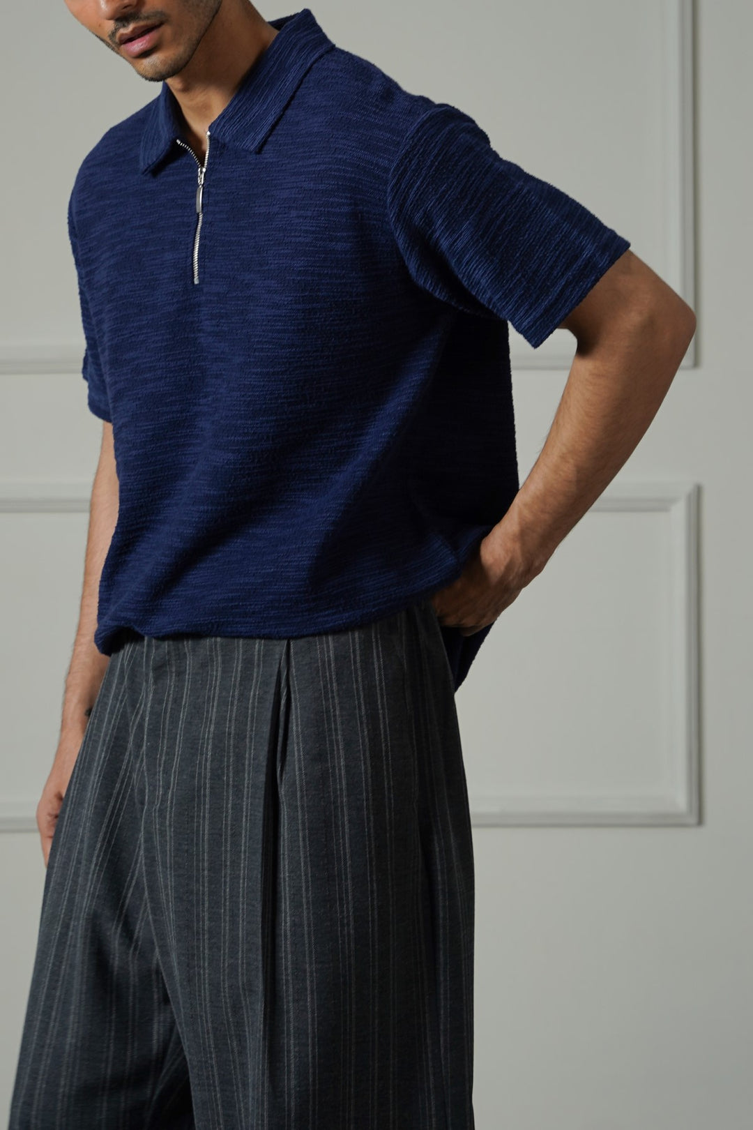 NAVY TEXTURED ZIPPER POLO