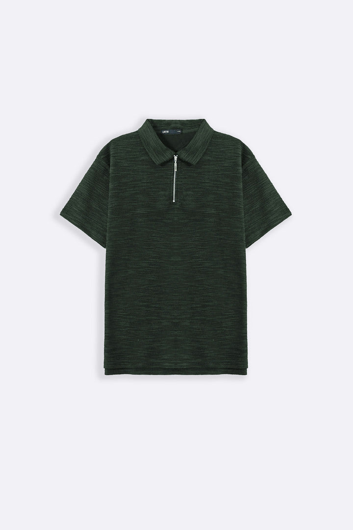 OLIVE TEXTURED ZIPPER POLO