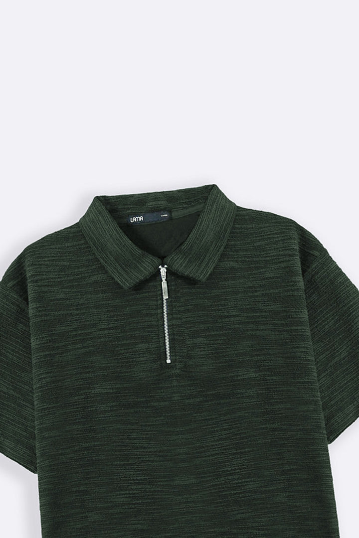 OLIVE TEXTURED ZIPPER POLO