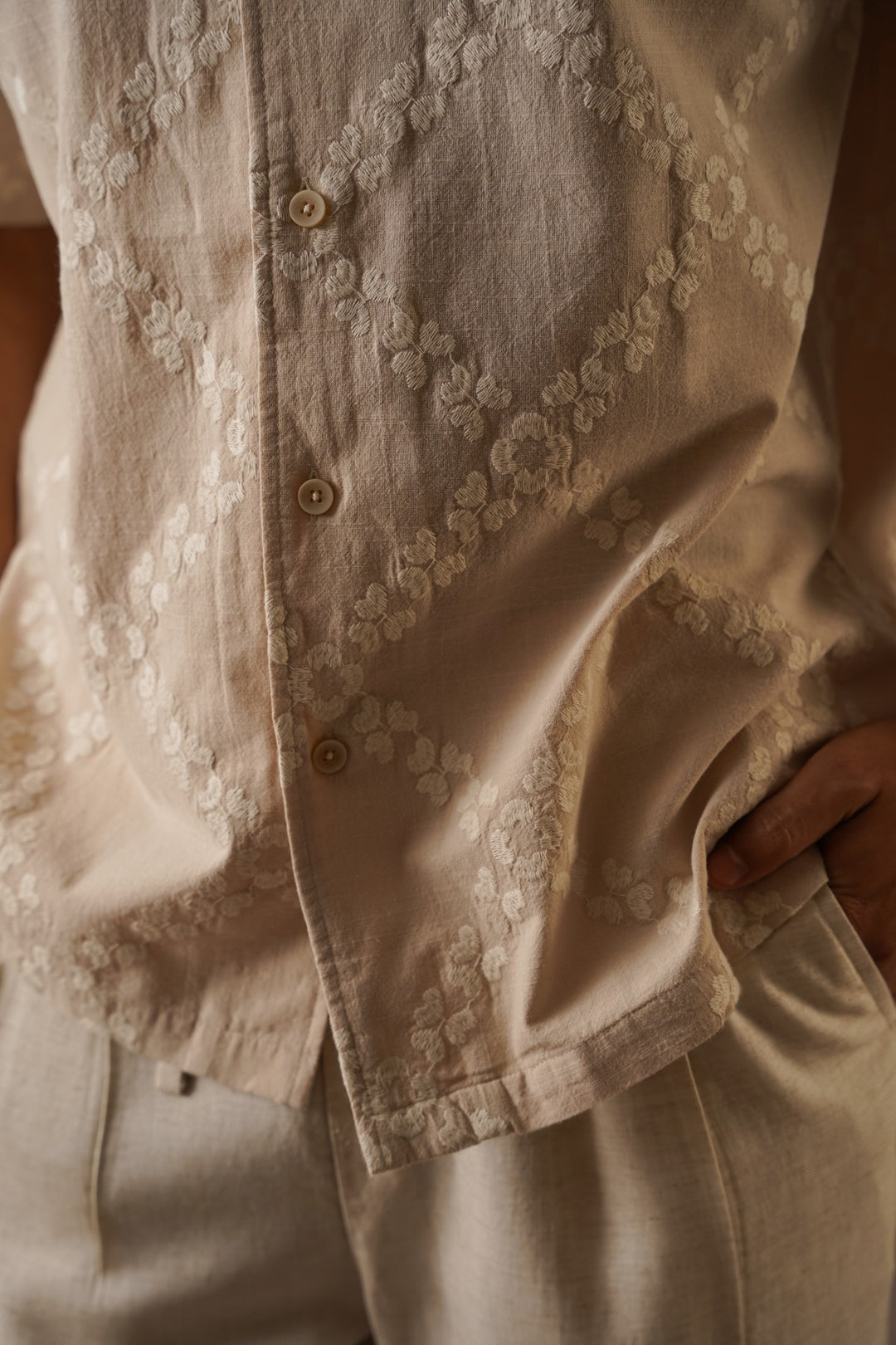 BEIGE MONTEGO BAY EMBROIDERED SHIRT