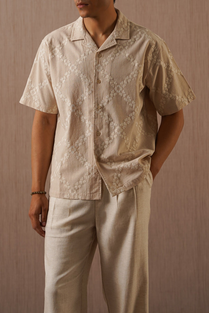 BEIGE MONTEGO BAY EMBROIDERED SHIRT