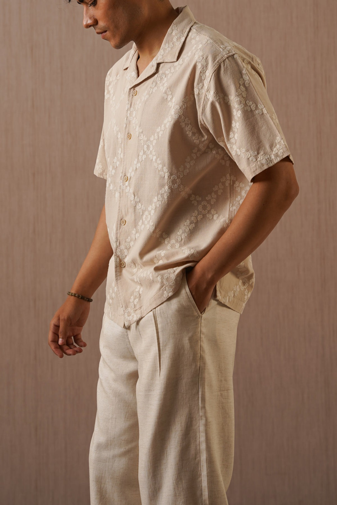 BEIGE MONTEGO BAY EMBROIDERED SHIRT