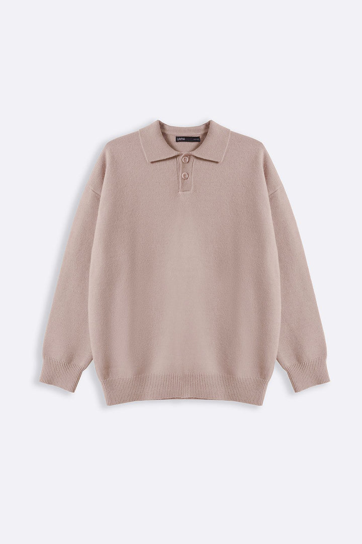 BEIGE KNIT POLO SWEATER