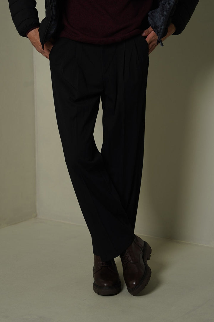 BLACK DOUBLE PLEAT TAILORED PANTS