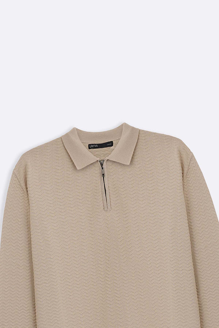 BEIGE RIPPLE-KNIT POLO SWEATER