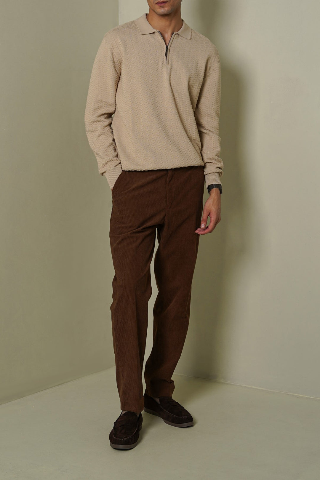 BEIGE RIPPLE-KNIT POLO SWEATER