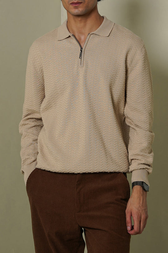 RIPPLE-KNIT POLO SWEATER