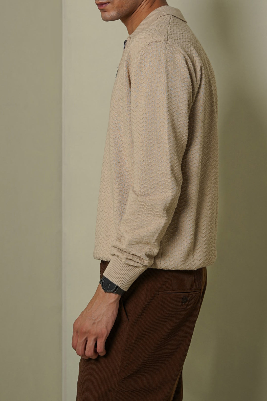 BEIGE RIPPLE-KNIT POLO SWEATER