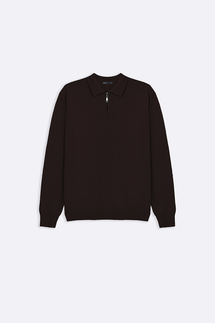 DARK BROWN RIPPLE-KNIT POLO SWEATER