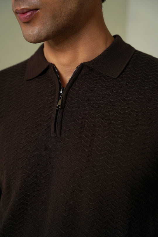 RIPPLE-KNIT POLO SWEATER