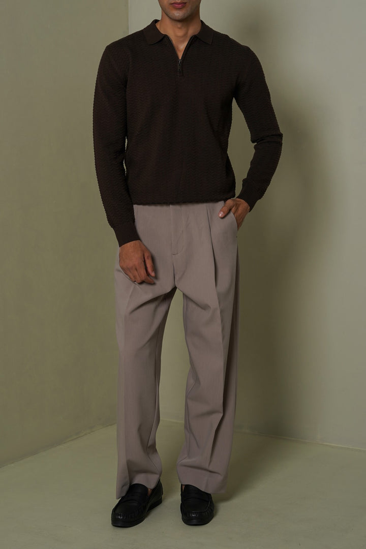 DARK BROWN RIPPLE-KNIT POLO SWEATER