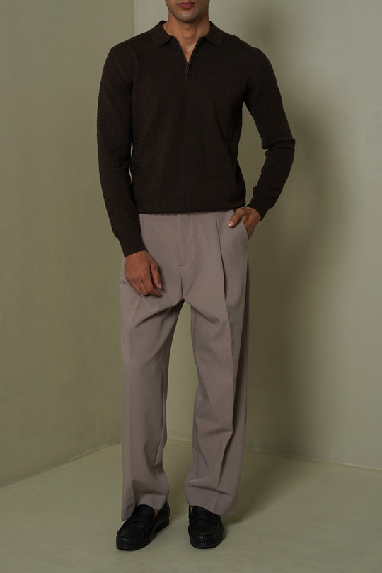 DARK BROWN RIPPLE-KNIT POLO SWEATER