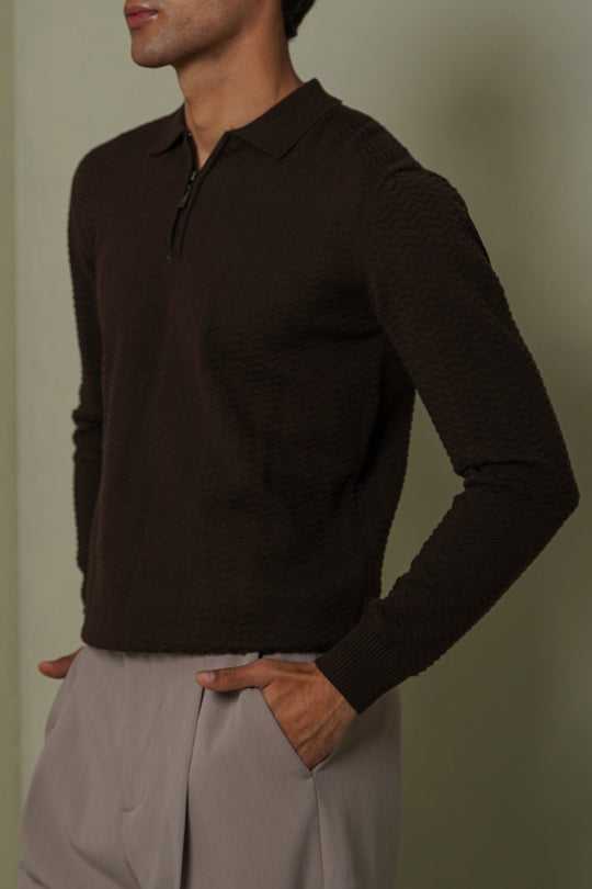 RIPPLE-KNIT POLO SWEATER