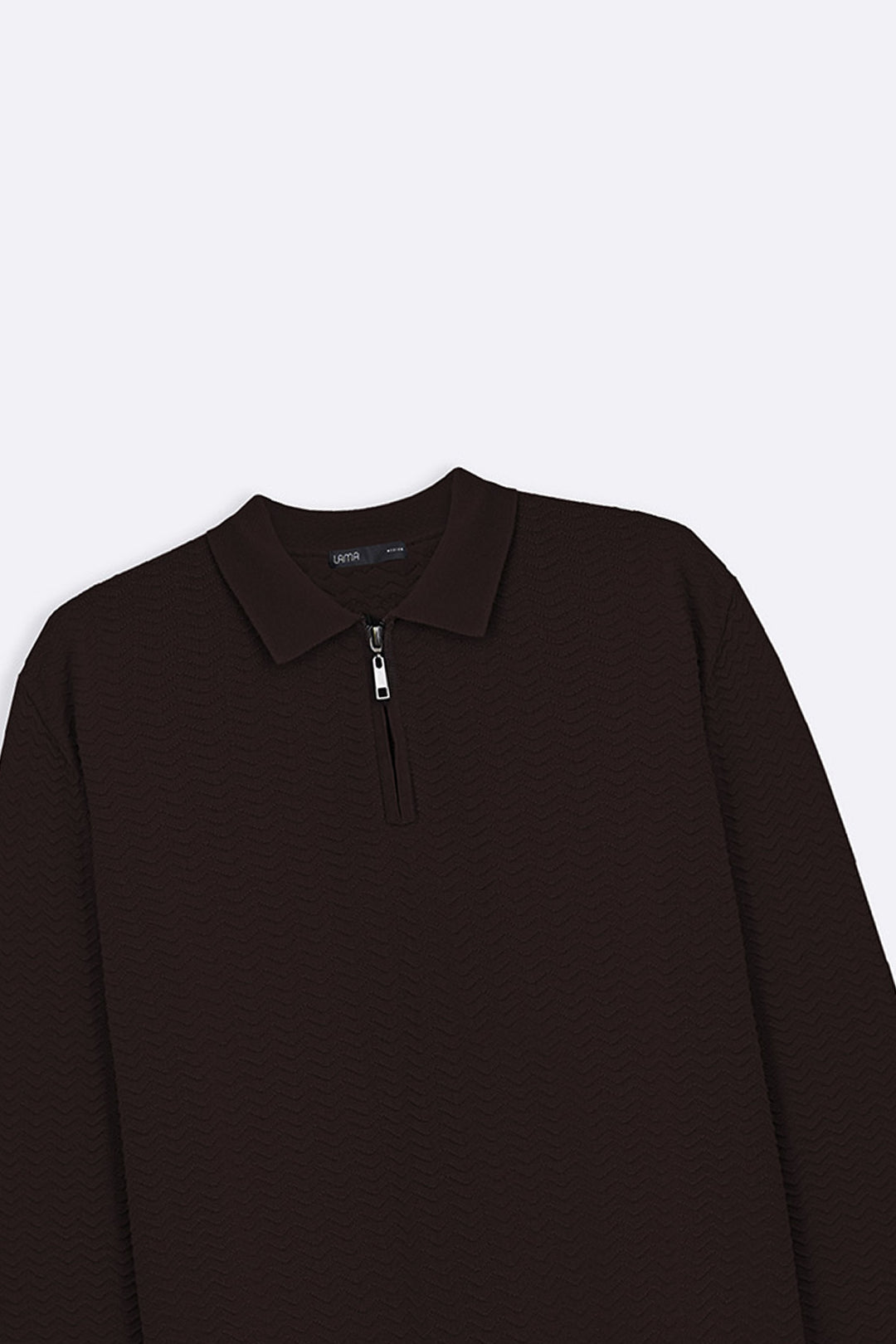 DARK BROWN RIPPLE-KNIT POLO SWEATER