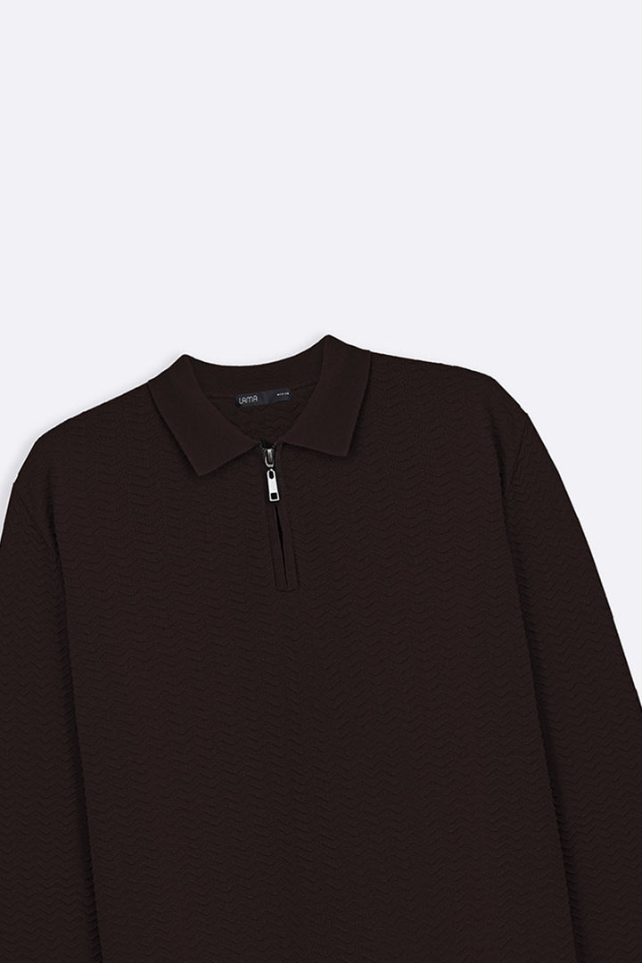 DARK BROWN RIPPLE-KNIT POLO SWEATER