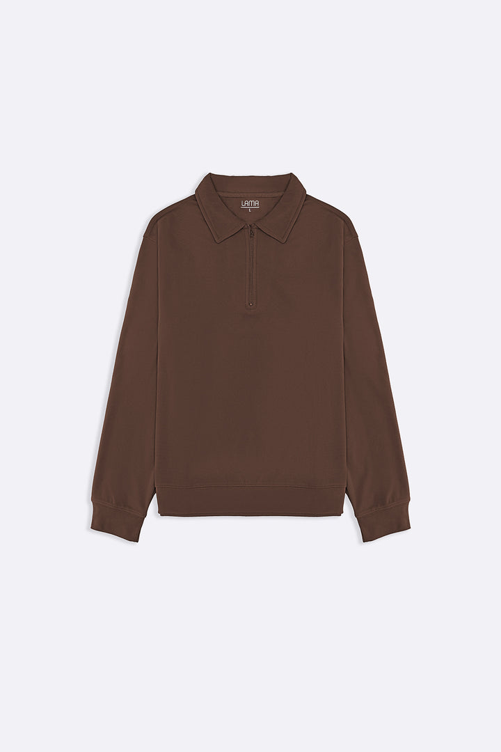 BROWN ZIPPER POLO SWEATSHIRT