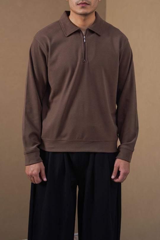 BROWN ZIPPER POLO SWEATSHIRT