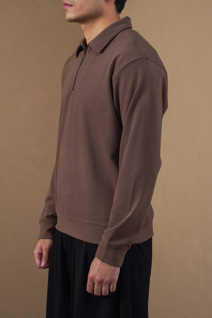 BROWN ZIPPER POLO SWEATSHIRT