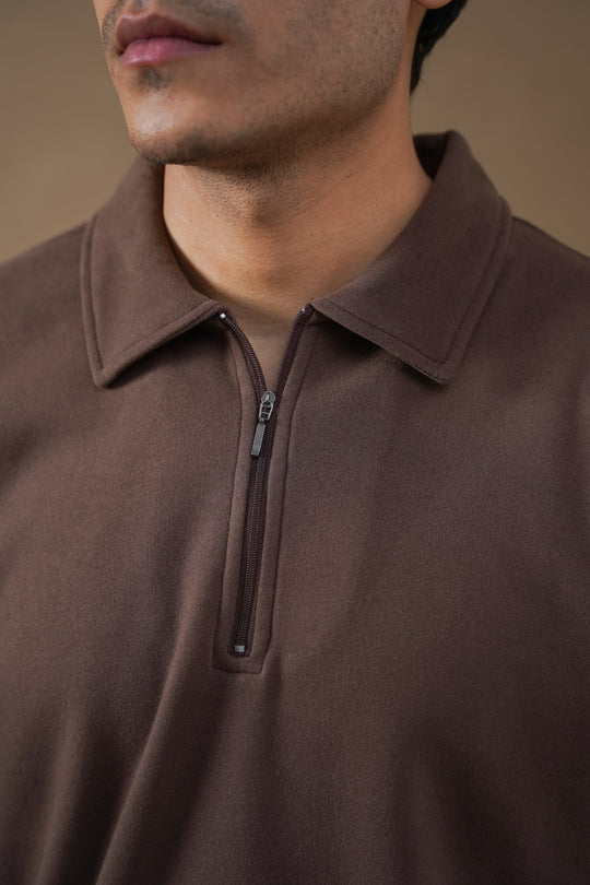 BROWN ZIPPER POLO SWEATSHIRT