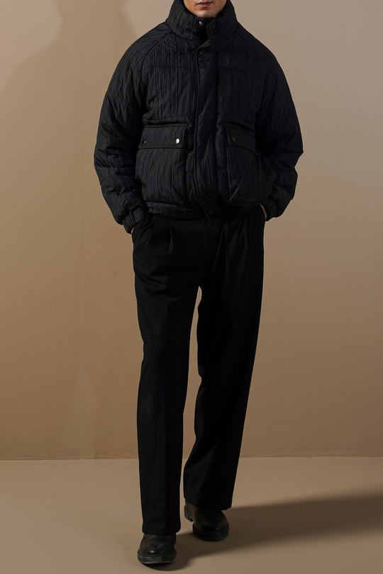 BLACK TEXTURED PUFFER JACKET