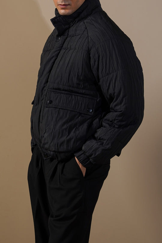 BLACK TEXTURED PUFFER JACKET