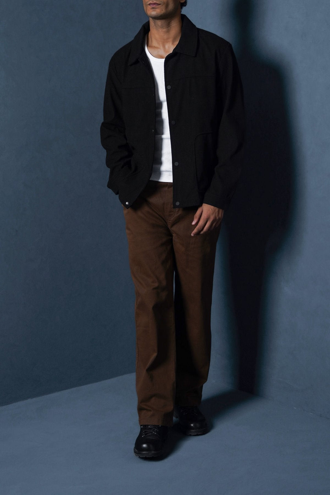 BLACK WAFFLE-TEXTURED JACKET