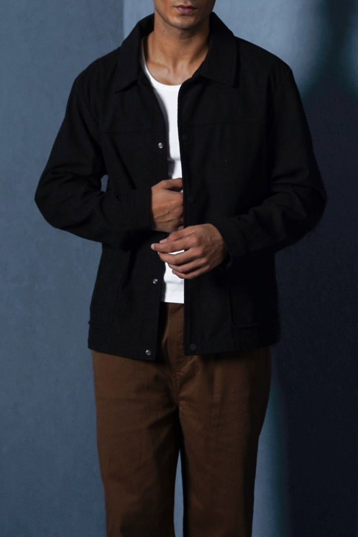 BLACK WAFFLE-TEXTURED JACKET