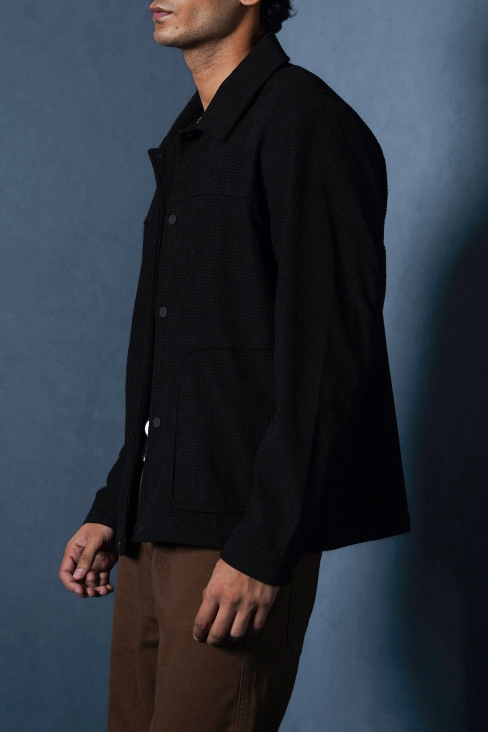 BLACK WAFFLE-TEXTURED JACKET