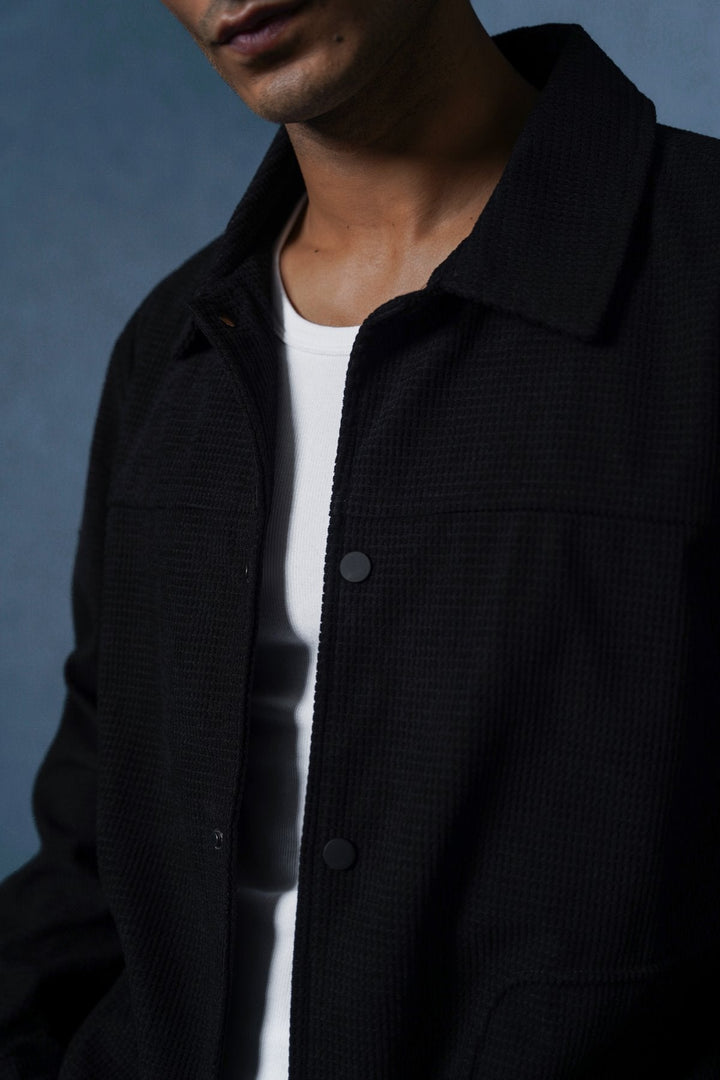 BLACK WAFFLE-TEXTURED JACKET