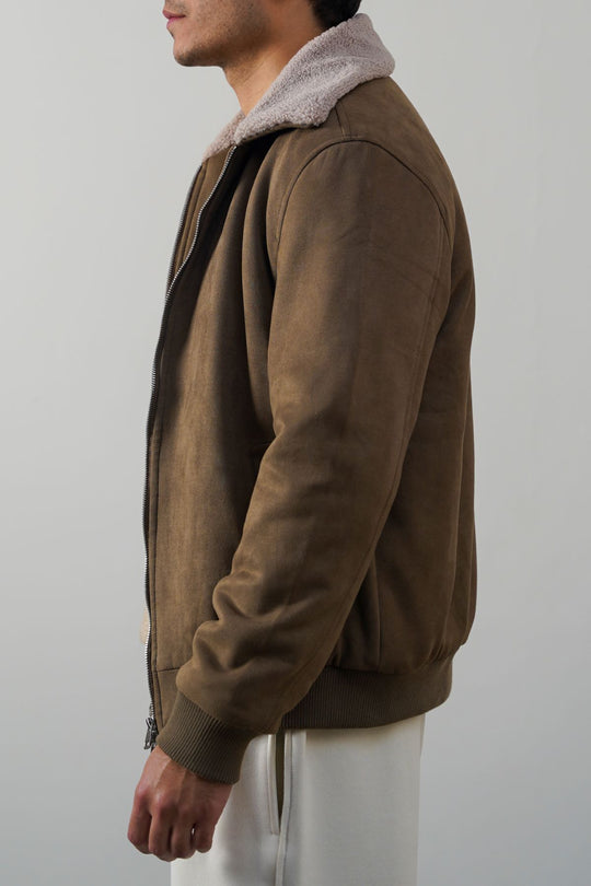 LIGHT OLIVE SUEDE EFFECT SHERPA JACKET