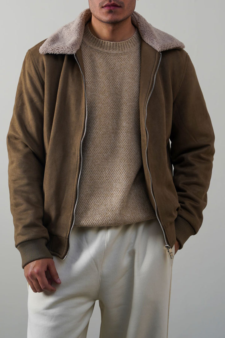 LIGHT OLIVE SUEDE EFFECT SHERPA JACKET
