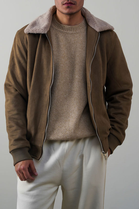 LIGHT OLIVE SUEDE EFFECT SHERPA JACKET