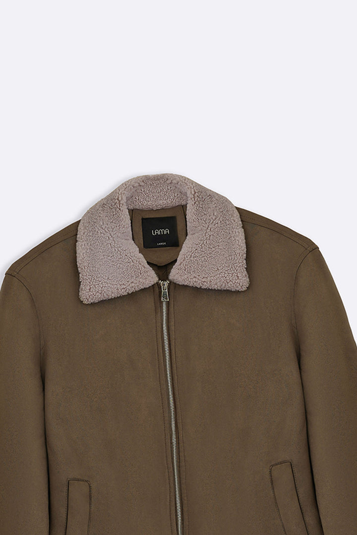 LIGHT OLIVE SUEDE EFFECT SHERPA JACKET