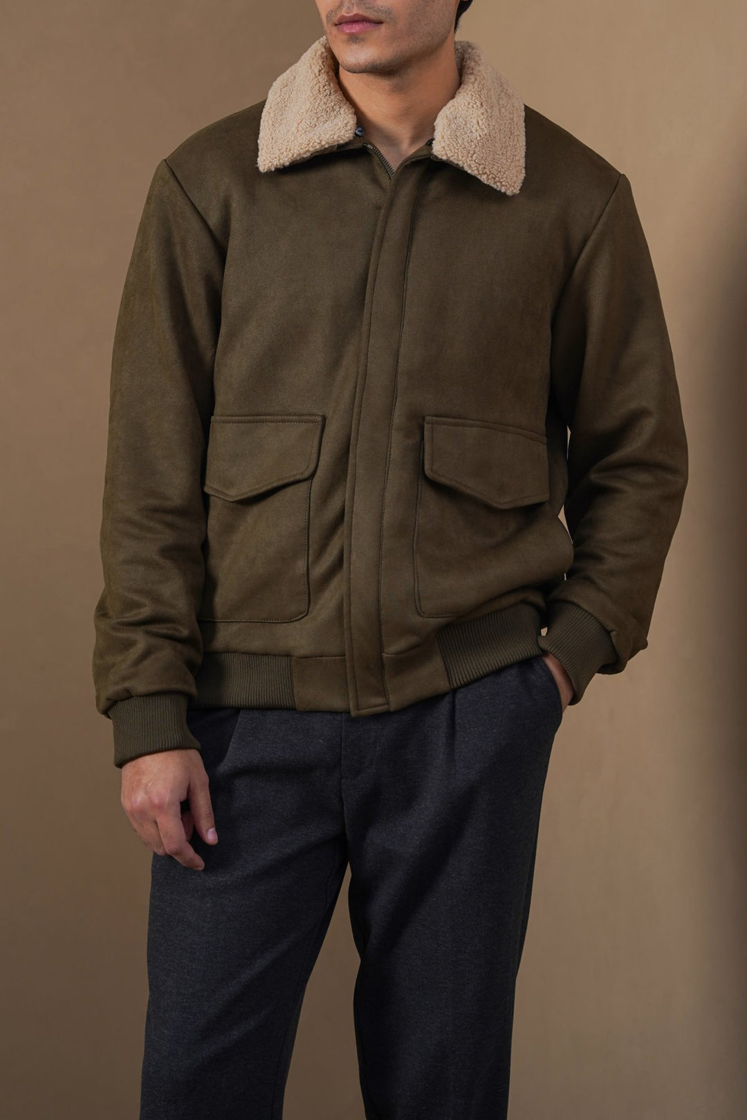 DARK OLIVE SUEDE AVIATOR JACKET