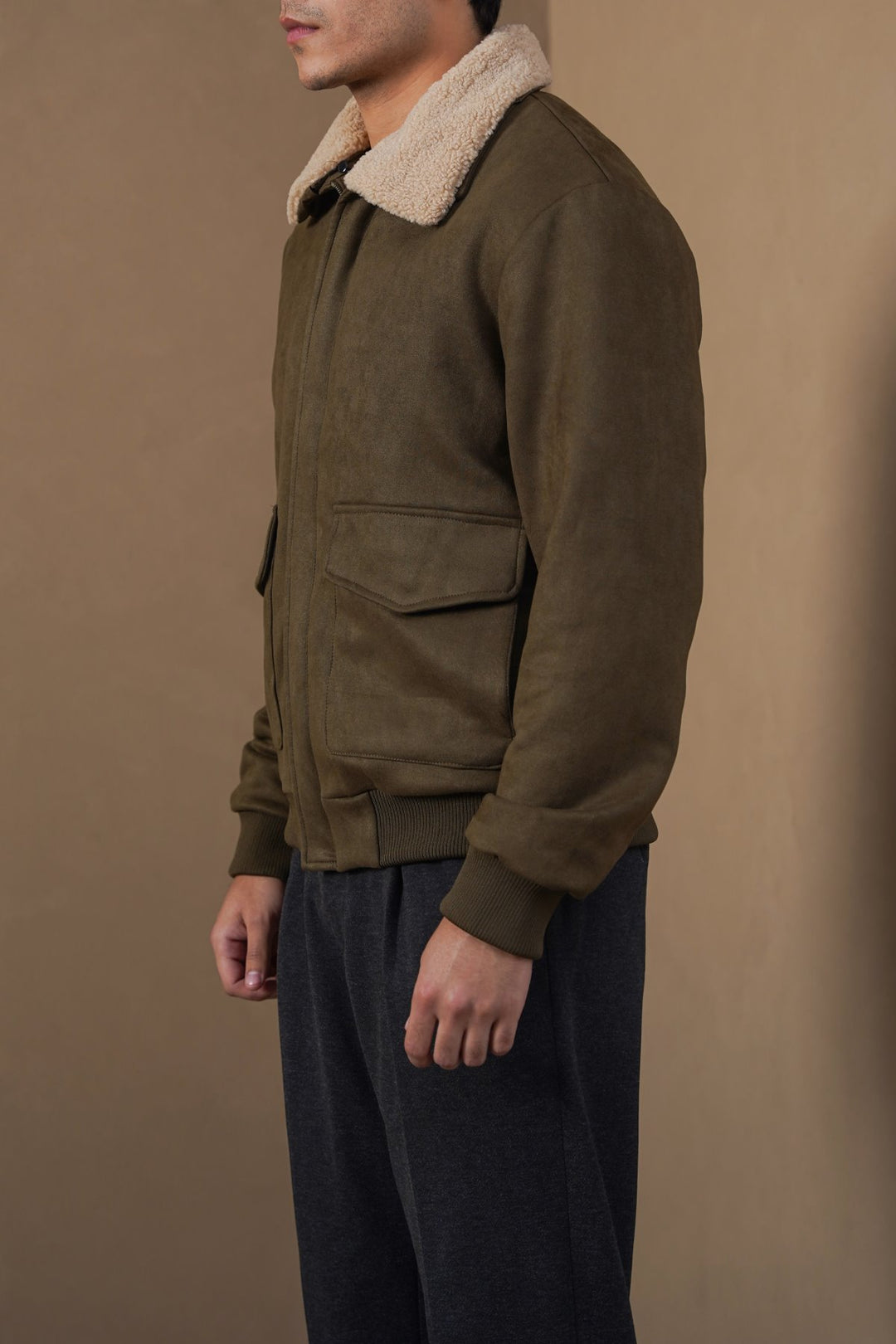 DARK OLIVE SUEDE AVIATOR JACKET