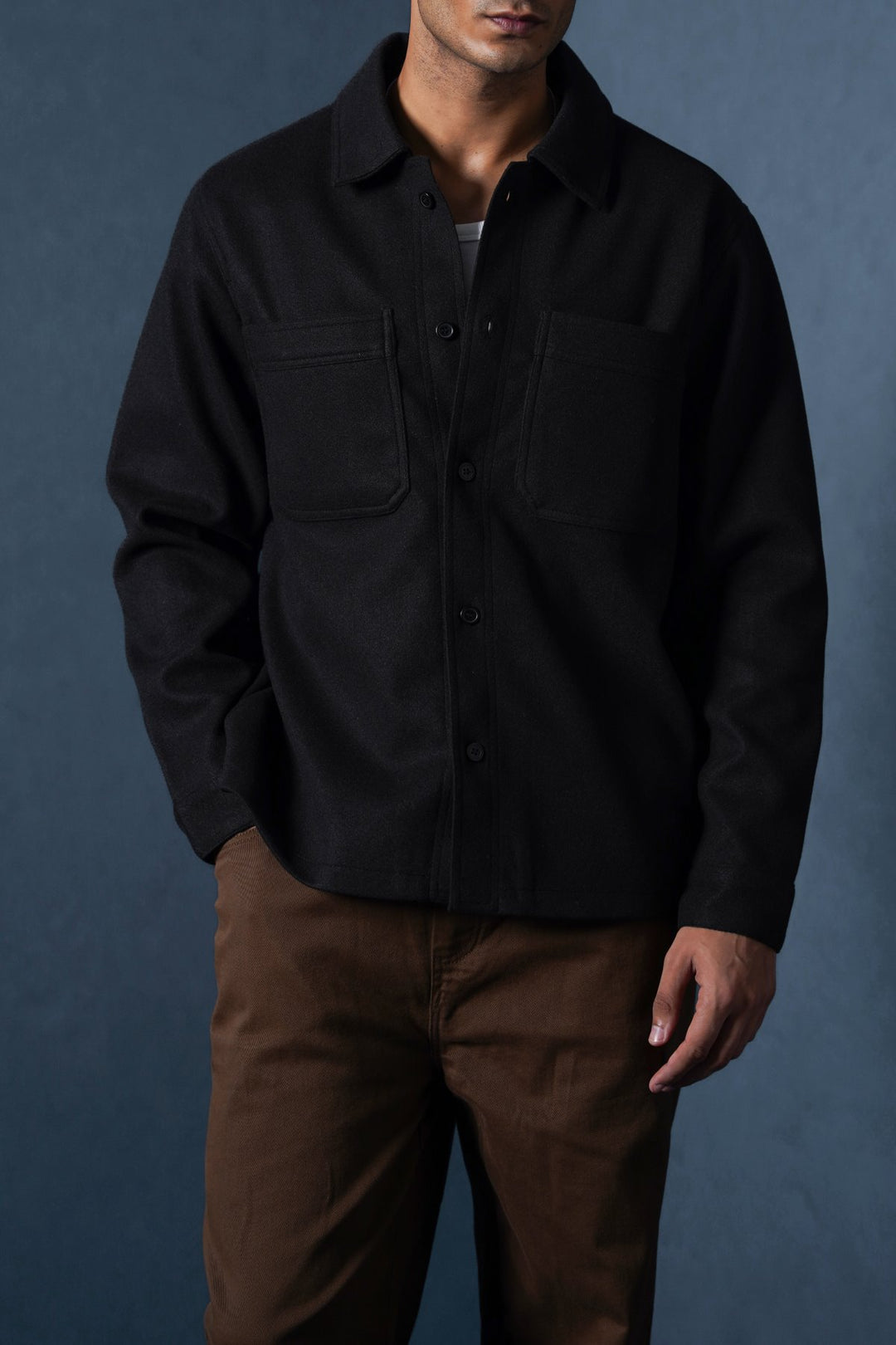 BLACK FAUX WOOL SHACKET