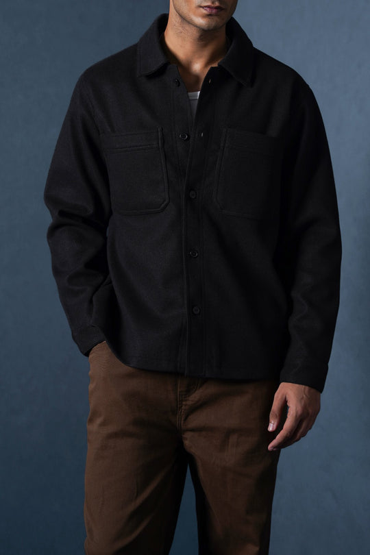BLACK FAUX WOOL SHACKET