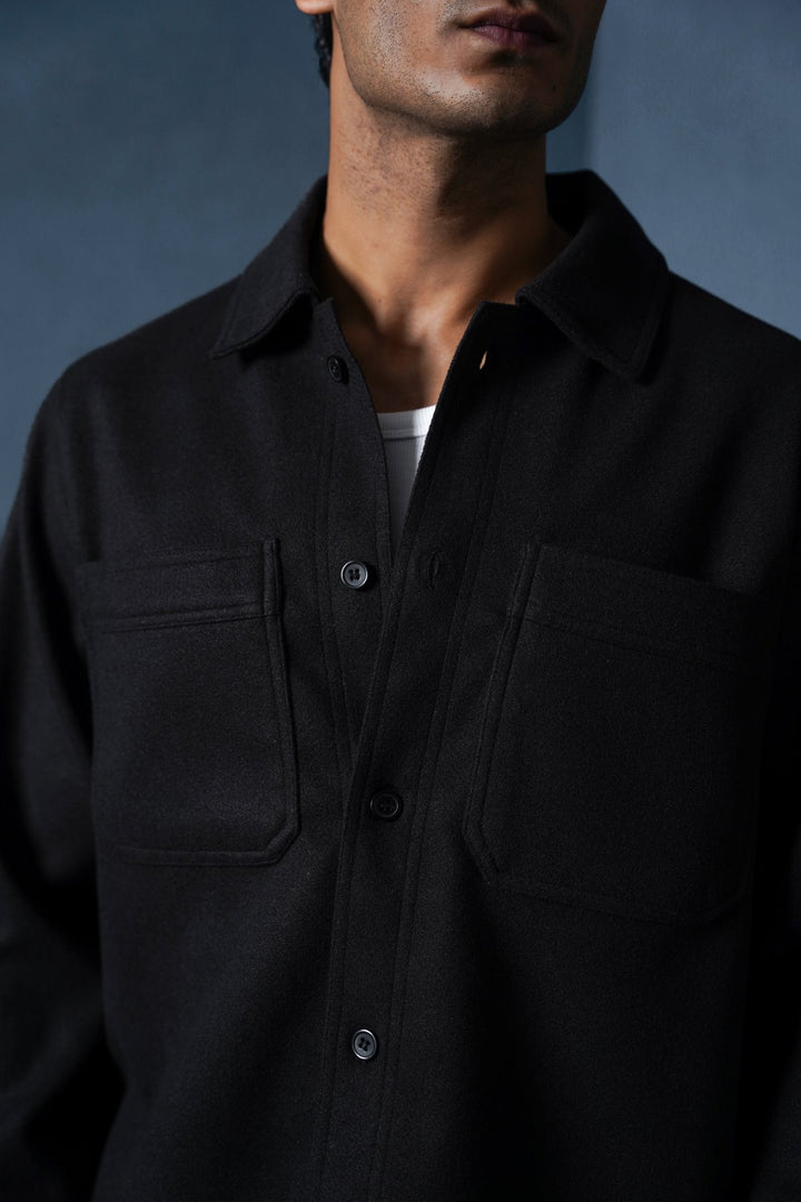 BLACK FAUX WOOL SHACKET