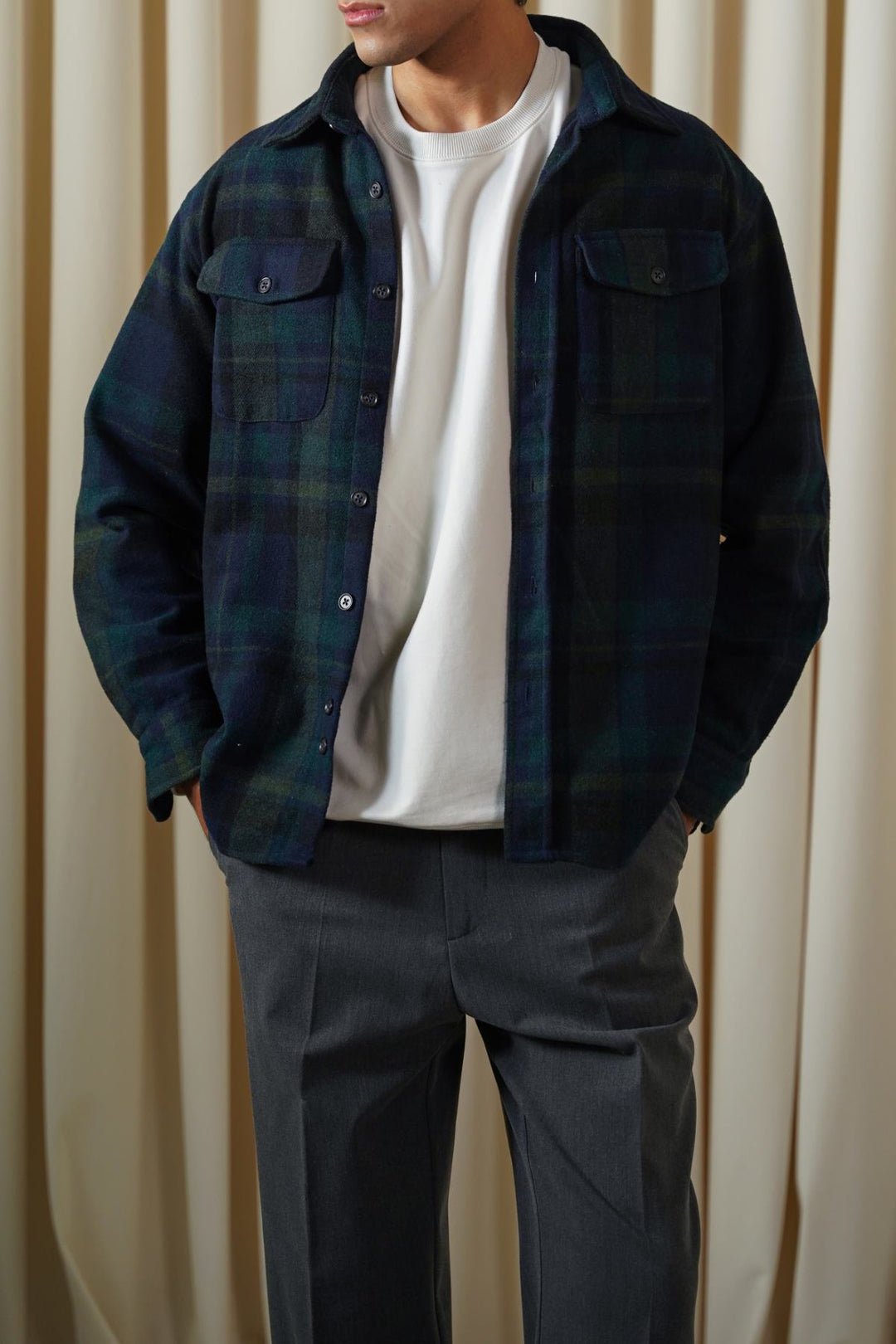 NAVY PLAID FLANNEL SHACKET