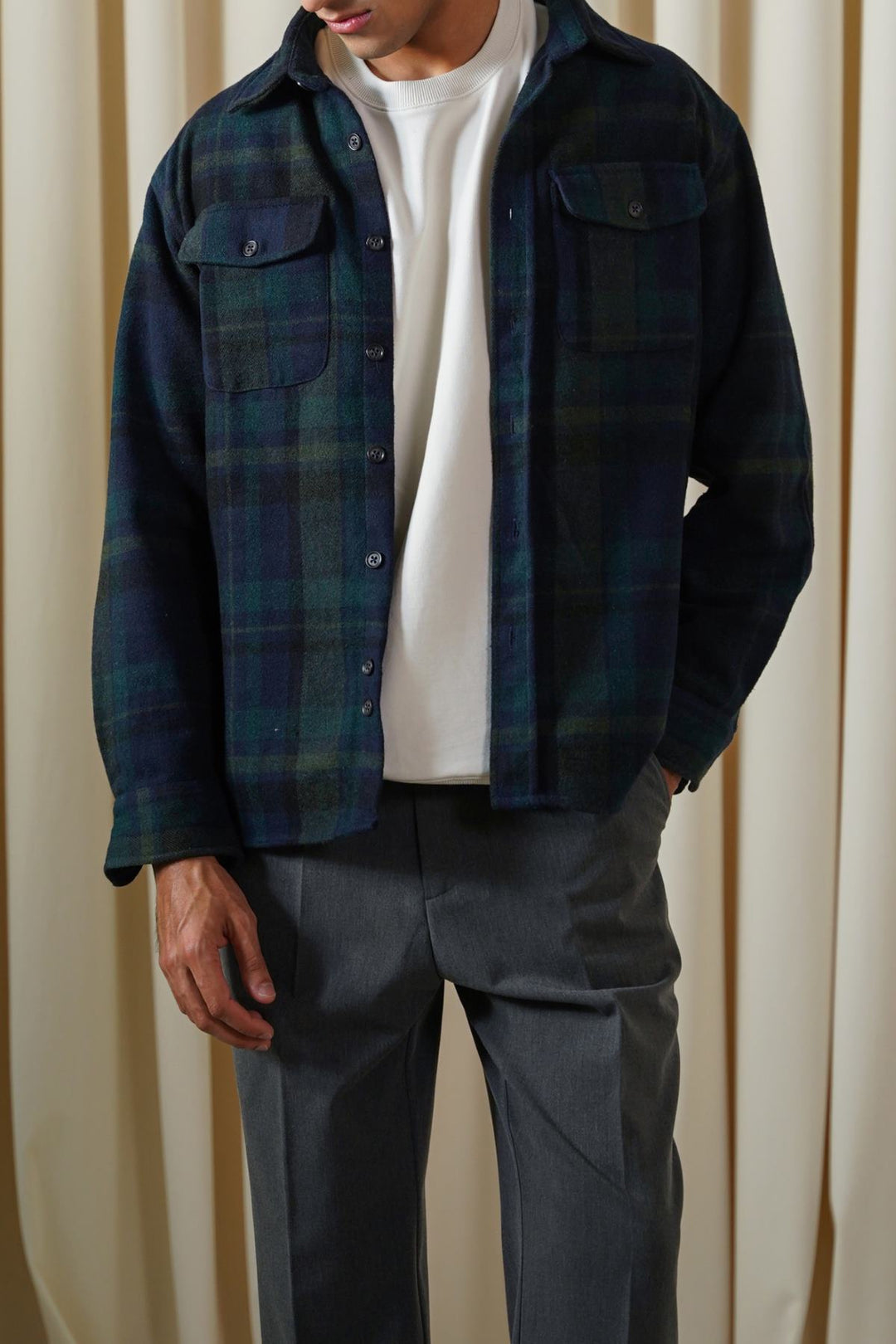 NAVY PLAID FLANNEL SHACKET