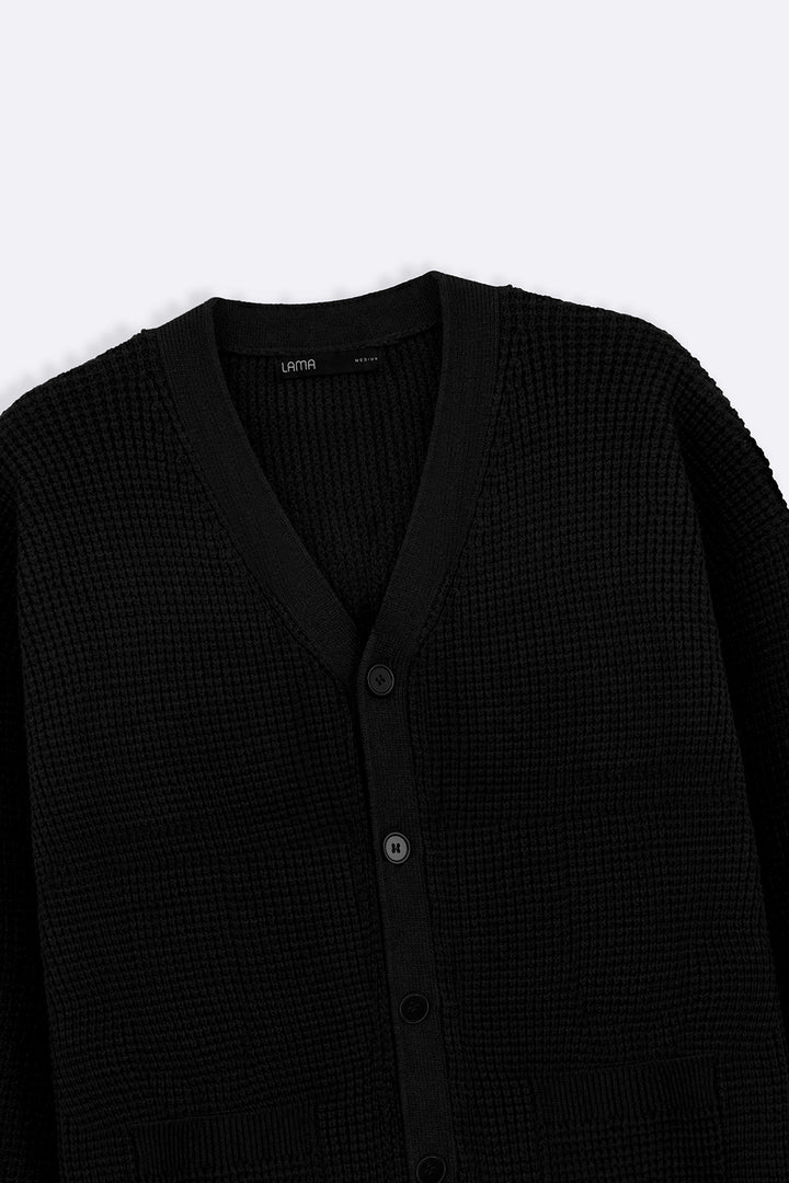 BLACK WAFFLE KNIT CARDIGAN