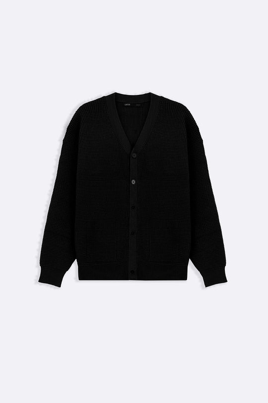 BLACK WAFFLE KNIT CARDIGAN