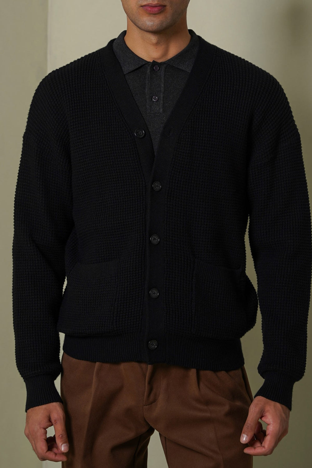 BLACK WAFFLE KNIT CARDIGAN